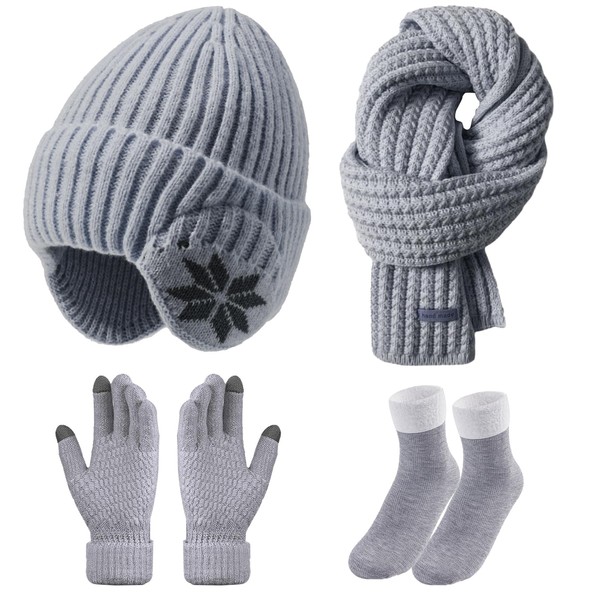 4 Packs Women Winter Hat Scarf Gloves Socks Set, Fleece