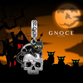 GNOCE Black Cat with Skull Pendant Charm Sterling Silver Gold Plated Dangle Charm Fit Bracelet/Necklace Charm for Women Wife (Silver)