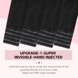 Sweetmet Invisible Tape in Hair Extensions Real Human Hair 3rd-Generation #1 Jet Black Color 20pcs 30g 14inch Seamless Injected Hand-Tied Remy Quality Invisi Edge Tape in Extensions(#1-14inch)