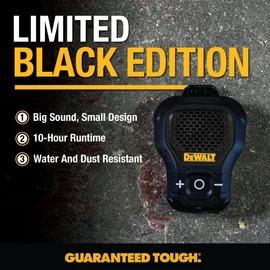 DEWALT Wearable Bluetooth Speaker [Onyx Edition - Black] Clip-On Wireless Jobsite Pro Water-Resistant Portable Speaker (Non- Magnetic), Mic for Hands-Free Music/Calls, Mini Speakers Bluetooth Wireless