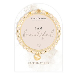 Life Charms Crystal Bead Handmade Charm Bracelet - I am Beautiful Positive Affirmation Quote - Inspirational Gold Plated Mantra Jewellery
