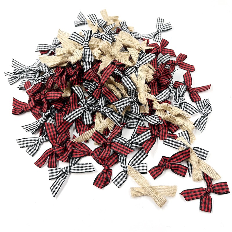 150PCS Mini Buffalo Plaid Burlap Bows, Red Black White Checkered