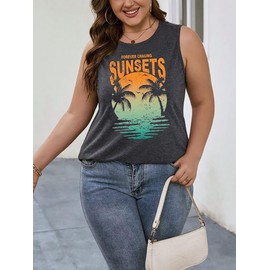 Plus Size Sun Salt Sand Coconut Tree Tank Tops Women Sleeveless Beach Praty T-Shirt Summer Hawaiian Holiday Tank Tops (Dark Grey-5，3X-Large)