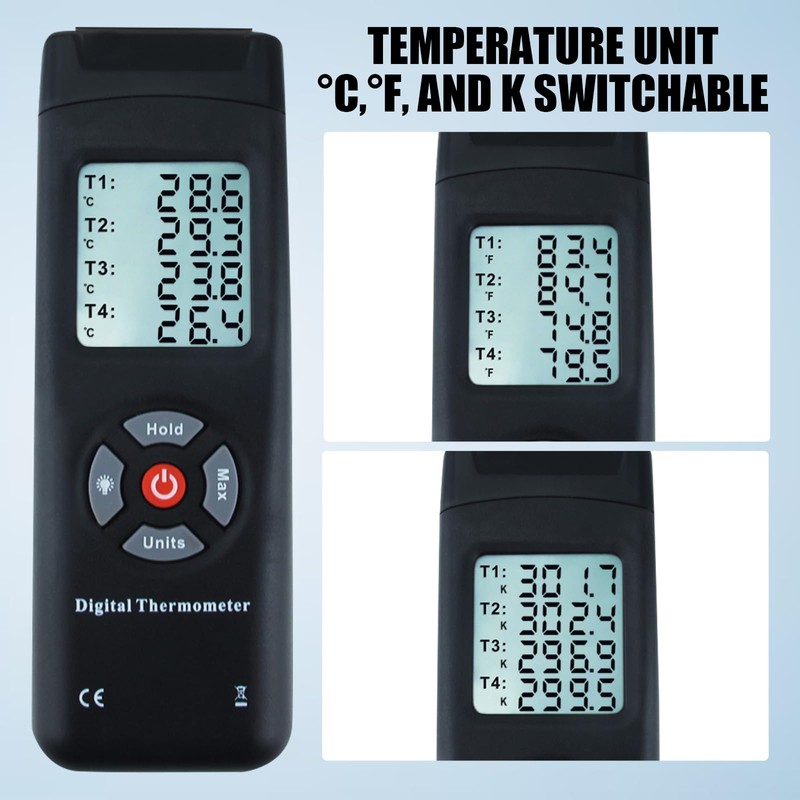 Thermometer 4 Kanäle K-Typ Thermoelement-Sensor-Tester mit K-Typ Metall Probe, Hintergrundbeleuchtung