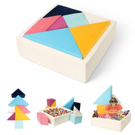 SUMIHUM Tangram Puzzles Kids Play Couch with Ball Pit, 7pcs Foam Climbing Blocks, 1600+DIY Creativing Playroom Furniture for Toddlers, Soft Play Activity Playset