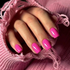 SXVME 48 Pcs Hot Pink False Nails Short Square Length, Acrylic Press on Nails Short, Solid Color Glossy Gel Full Cover Fake Nails for Women Finger Decoration