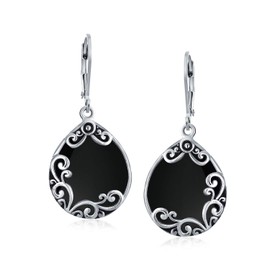 Boho Western Birthstones Semi Precious Gemstone Large Flat Tear Filigree Scroll Lever Back Dangle Earrings for Women Oxidised .925 Sterling Silver, Onyx, Onyx