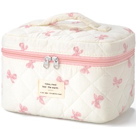 HBselect Quilted Makeup Bag for Women, Floral Cotton Cosmetic Bag Large Travel Makeup Bag Coquette Aesthetic Toiletry Bag