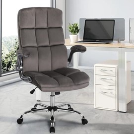 KCREAM Office Chair,Velvet Office Chair Home Office Desk Chairs Computer Chair with Lumbar Support,Flip-up Armrest High Back Office Chairs Fabric Office Chairs with 90 to 120 Degree Rocking,Grey