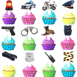 24pcs Police Cupcake Toppers Happy Birthday Police Car Decoration, themed birthday party for boy and girl, police academy graduation party or baby shower party decoration, birthday gifts for kids. (1)