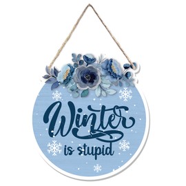 CGBHW Funny Navy Blue Winter Christmas Wooden Sign, Winter Snowflake Snowy Dusty Blue Flowers Decoration Hanging Sign Wall Decor, Christmas Seasonal Holidays Wooden Signs for Home Door Decor 12 x 12 Inch