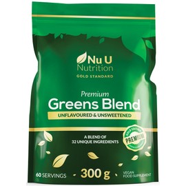 Nu U Nutrition - Premium Greens Powder 300g - 32 Active Ingredients - 60 Servings - Ashwagandha KSM-66®, Matcha, Digestive Enzymes, Probiotics & Electrolytes - Unflavoured, Unsweetened, Vegan