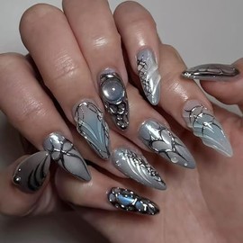 Long Almond Press on Nails Punk Fake Nails Blue Gradient Silver Line Love Bow Design Acrylic Glue on Nails Glitter Summer False Nail Stick on Nail for Women Decoration Salon Manicure Accessories