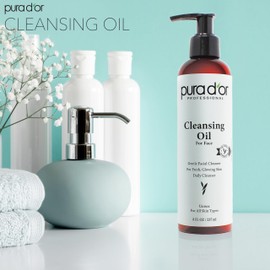 PURA D'OR Facial Cleansing Oil (8 Oz x2 = 16 Oz) Nourishing Botanical Blend with & Vitamin, Jojoba and Sunflower Oil - Gentle Makeup Remover & Deep Cleanser For Healthy, Glowing Skin - Paraben-Free