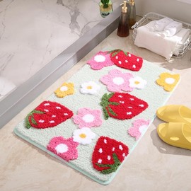 yikinb Strawberry Bath Mat,Cute Flocking Bath Mat Non Slip,Fun Flower Strawberry Bath Mat,Small Bath Mat Rug for Bedroom Bathroom (Green)