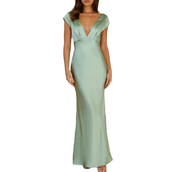 Halfisland Womens Summer Satin V Neck Cap Sleeve Backless Maxi
