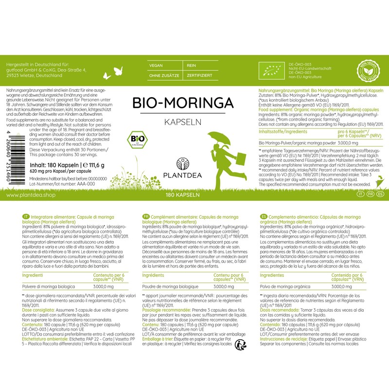 PlantDEA Organic Moringa Capsules I 3000 mg Daily Dose I