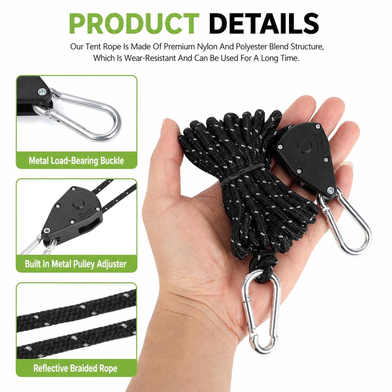 6 Pcs Tent Guy Ropes, 4 m×4 mm, Reflective, Nylon,