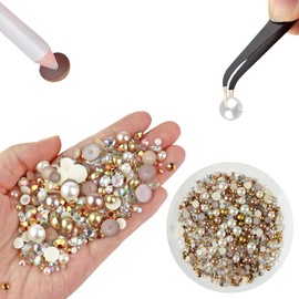 Omeblos 50g Mix Flat Back Pearls and Rhinestones,Flat Back Rhinestones,Rhinestone for Clothes,Crafts Mixed Size 3mm - 10mm,for Flatback Pearls for Diy Art Shoes Clothes Tumblers Mugs Nail DIY Clothing