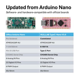 NULLLAB Type-C Nano Board No Headers, Arduino Compatible, Castellated Mounting Holes for Board-to-Board Soldering, Support Arduino IDE, Compact ATmega328P-AU Microcontroller Board