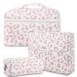 AMZMA 3Pcs Quilted Makeup Bag for Women, Large Travel Makeup Bag Set, Cute Aesthetic Cosmetic Bags, Floral Cotton Makeup Pouch Coquette Toiletry Organizer Bag, Pink leopard print