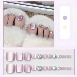 ALLEVG Nail Tips, Light Purple, Foot Nail Tips, 24 Pieces, 3D Diamond, Foot Nails, Magnetic Nail Tips, For Summer, Flesh Nails, Weddings, Coming-of-Age Ceremonies, Cute, Popular, Simple, Reusable
