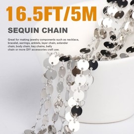 16.5FT Gold Sequin Chain Roll, 6mm Silver Plated Brass Sparky Link Chains Spool Bulk for Jewelry Making Necklace Bracelet