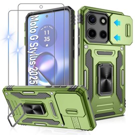 Gritup for Moto G Stylus 5G 2025 Case with Slide Camera Cover | 2-Pack HD Screen Protectors | 360° Rotating Metal Kickstand | MIL-Grade Shockproof Protection (Military Standard) | Olive Green