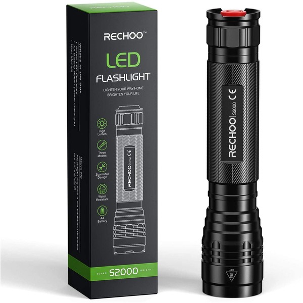 High-Powered LED Flashlight S2000, RECHOO Upgraded Powerful 2000 High Lumens Flashlights with 3 Modes, Zoomable, Water Resistant Flash Light for Camping, Outdoor, Emergency, Hiking