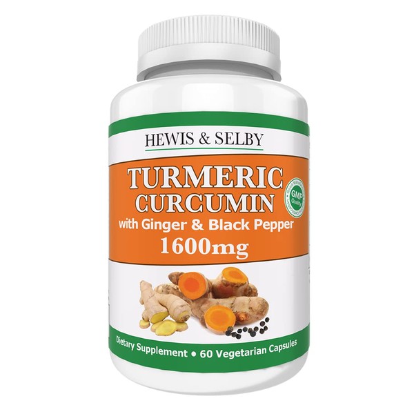 Hewis & Selby Turmeric Ginger Curcumin 1600mg Capsules | with Black Pepper Extract | 60 Veggie Caps | for Joint Pain & Inflammation - Made in USA