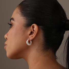 Charmsy 925 Sterling Silver Chunky Hoop Earrings for Women | Small Classic Italian Design Shrimp Hoop Earring | Textured Shrimp Click-Top Hoop Earrings 22MM