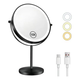Espejo Maquillaje Ciicii con Luz LED, Aumento 10X y 3 Colores de Luz para Tocador