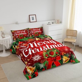 Christmas Wreath Comforter Set Queen Size,Red Bowkont Gold Bell Bedding Set for Kids Boys Girls Room Decor,Snowflake Merry Christmas Duvet Insert 3Pcs,Green Leaves Xmas Theme Quilt Set,2 Pillowcases