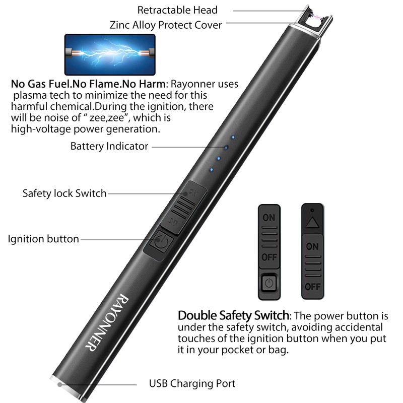 RAYONNER Electric Candle Lighter Plasma Arc Lighters Windproof & Flameless