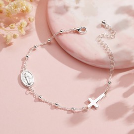 VULETO Catholic Gifts for Women Girls, Rosary Beads Virgin Mary Cross Charm Link Chain Bracelet Religious Baptism First Communion Confirmation Birthday Jewelry Gifts for Daughter Granddaughter, one