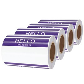 Hycodest Hello My Name is, Sticker Writing Stickers Easy Peel and Stick Badges Sensitive Name Tag 3.5"x2.35", 200 Pcs (4 Rolls, Purple)