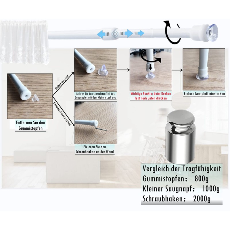 Tension Rod, No Drilling or Glueing, Adjustable by Turning, Tension