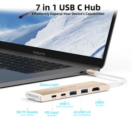 USB C Hub - WALNEW 7-in-1 Docking Station Aluminium with 100W PD, 4K HDMI, USB 3.0 & USB-C, SD Improved Connectivity, for MacBook Air, Pro, Lenovo ThinkPad, Dell XPS, HP, Surface Laptop and More