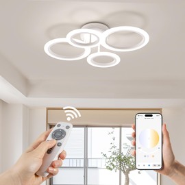 OUQI 48W 4 Ring Modern LED Ceiling Light, 2800-7000K Dimmable Flush Mount Kitchen Light Fixtures, White Round Chandelier Ceiling Lamp for Small Room, Kitchen, Bedroom
