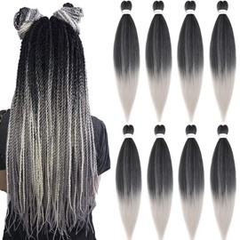 Pre Stretched Braiding Hair Extensions 30inch 8packs Mixed Color Professional Braids Hair Soft Yaki Straight Braid Hair Hot Water Setting Synthetic Crochet Hair (30inch,Mixed Black & Silver)