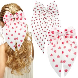Hair Bows Clips for Women, Strawberry and Heart Pattern, Large Ribbon Barrettes, 2 Pack, White and Pink