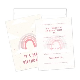 Manta Makes 12 x Pink rainbow birthday invitations for girls, party invites for girls birthday party, pink party invitations for kids (12 Invites and envelopes)
