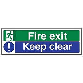 VSafety Fire Exit / Keep Clear Sign - Landscape - 300mm x 100mm - 1mm Rigid Plastic