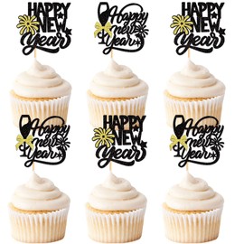 Keaziu - 24 piezas de decoración para magdalenas de feliz año nuevo, bienvenida, 2024, decoraciones de copa de fuegos artificiales para felicitaciones 2024, feliz año nuevo, decoración de fiesta, color negro 1