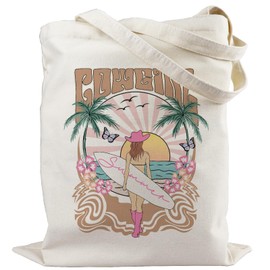 Xuzoueisp Canvas Beach Bag for Women Aesthetic, Funny Reusable Grocery Bags for Women Wife Friends, Cowgirl Tote Bag Gifts for Summer Beach Travel
