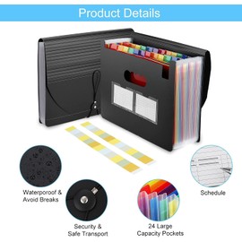 24 Pockets Expanding File Folder with Blank Labels, According File Organizer with Expandable Cover, Desktop Accordion Folders Letter A4 Paper Document Storage Organizer for Documents Storage