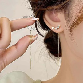 Aneneiceera Vintage Cz Star Threader Drop Earrings Gold Crystal Star Ear Climber Earrings Long Bar Tassel Earrings Star Pull Through Earrings Jewelry for Women
