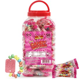 50 Candy Watches Party Favors for Kids - Bulk 50 Count of Pink Individually Wrapped Candy Bracelets with Colorful Fruit Flavor - Stretchable, Edible, Fruity Flavor Rainbow Candies for Party Favor Supplies