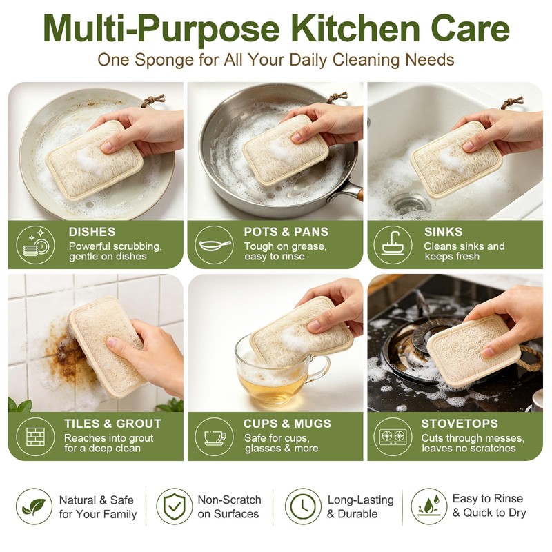 Natural Loofah Dish Scrubber Sponges, 6 Pack Large Plant-Based Kitchen