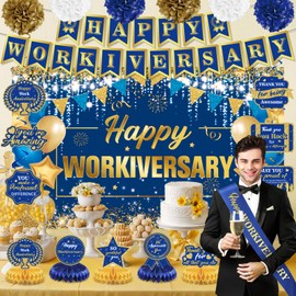 Happy Work Anniversary Decorations Blue Gold Happy Workiversary Banner Honeycomb Centerpieces Hanging Swirls Tissue Paper Pompoms Sash for Men Office Employee Worker Anniversary Appreciation Supplies
